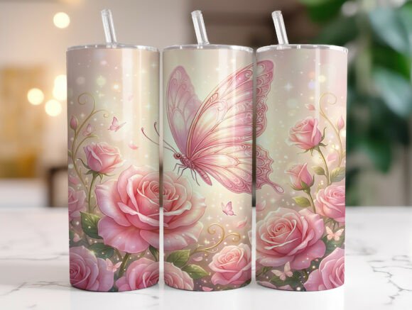 20oz Pastel Butterfly Pink Roses Tumbler