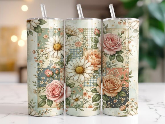 Cottagecore Daisy Rose Patchwork Tumbler