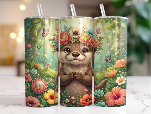 Cute Baby Otter Floral Crown Tumbler PNG