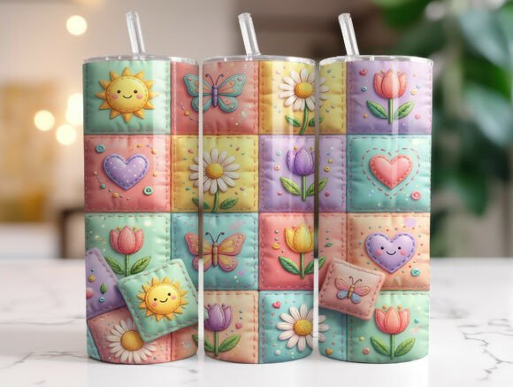 Cute Quilt Style Pastel Flower Tumbler