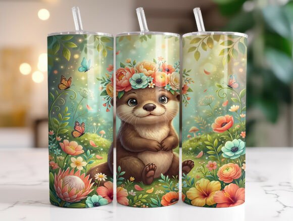 Floral Baby Otter 20oz Tumbler Wrap PNG