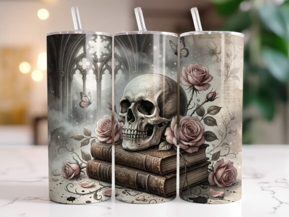 Gothic Skull Rose Book Lover Tumbler PNG
