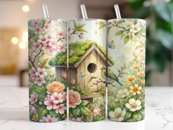 Spring Floral Birdhouse Tumbler Wrap PNG