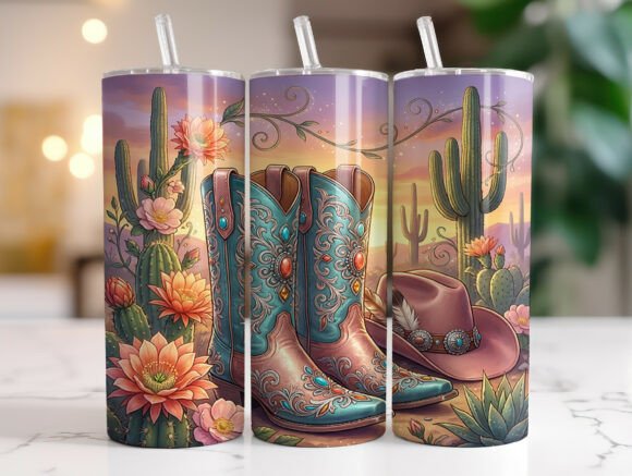 Western Floral Cactus Boots Tumbler Wrap